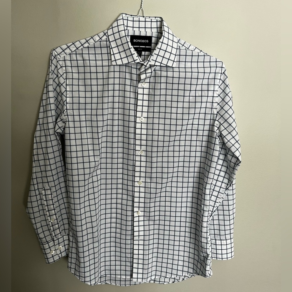 Bonobos Jetsetter Stretch Dress Shirt in Blue Mansford Plaid - 15.5” x 33”